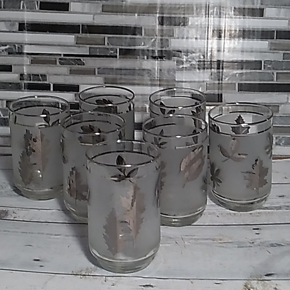 Libbey frosted gold leaf mid century modern 1970s set of 7
